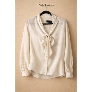 Nili Lotan Colt Ivory Silk Tie Neck Blouse Long Sleeve Made USA 100% Silk